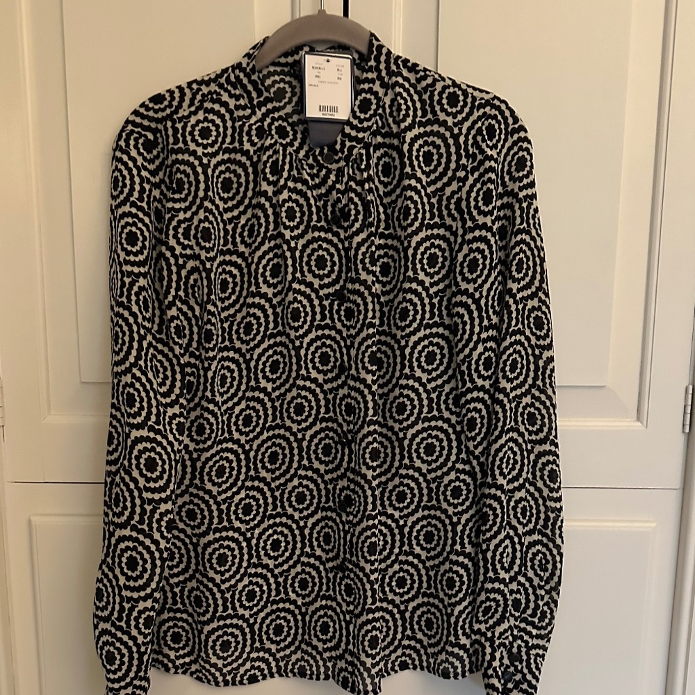 NWT Doncaster Black and White Silk Long Sleeve Blouse, Size 6